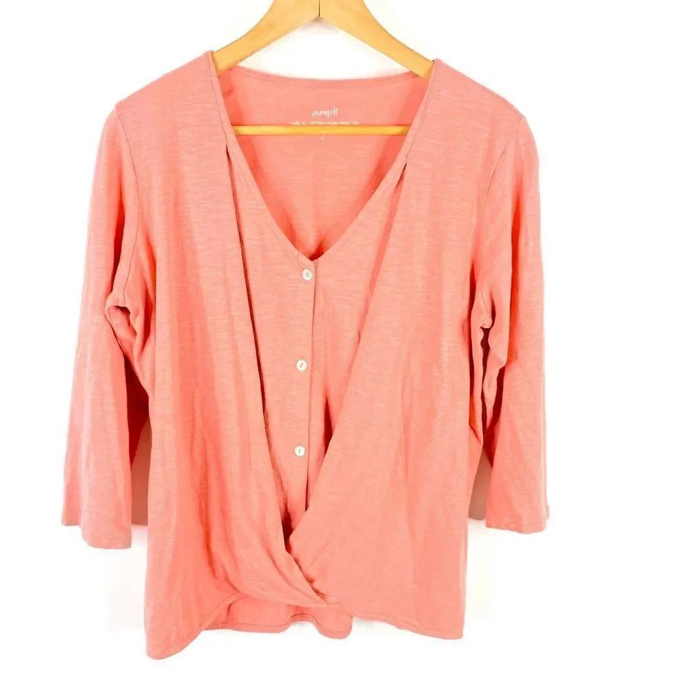 Pure J Jill Shirt Size Small Pink Cotton Cross Front Top Button V Neck Slub Knit